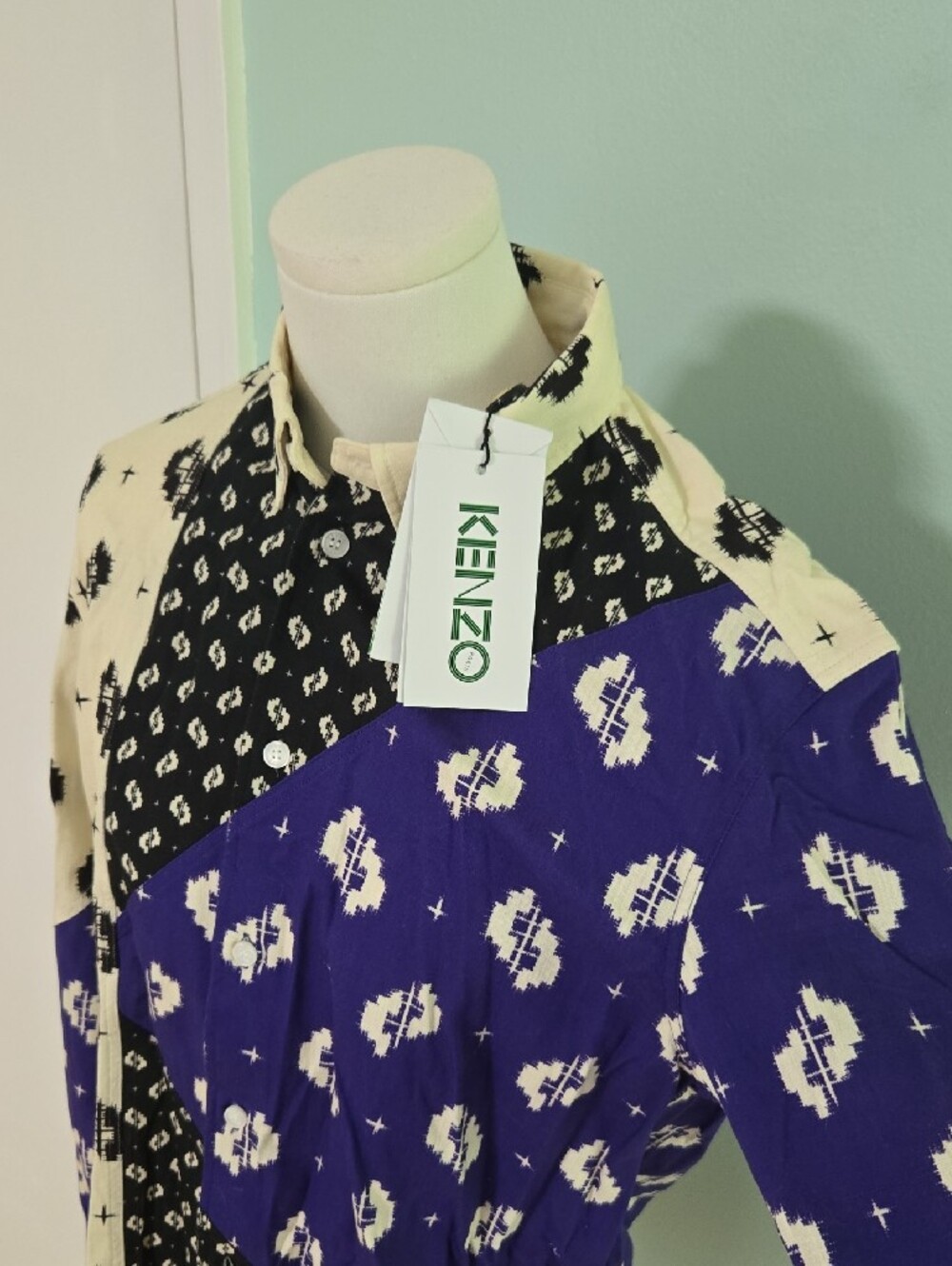 Kenzo Men's Cream, Black & Blue Geometric Patchwork Button-Down Shirt - Picture 3 of 5
